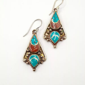 Pendantes Tibetaines Turquoise Ciel & Détails Corail