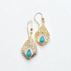 Boucles d'oreilles goutte laiton ciselé pierre turquoise